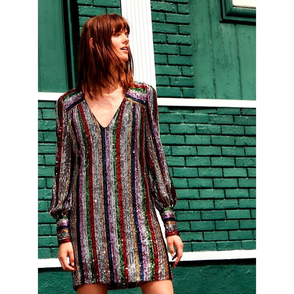 Milly Lylah NWT Sequin Mini Dress Size 10 Multicolor Stripe Blouson Sleeve Party